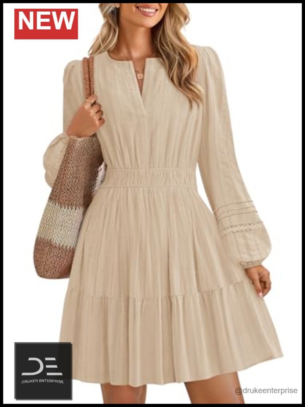ZESICA Women's Long Sleeve V Neck Flowy Mini Dress 100% Cotton